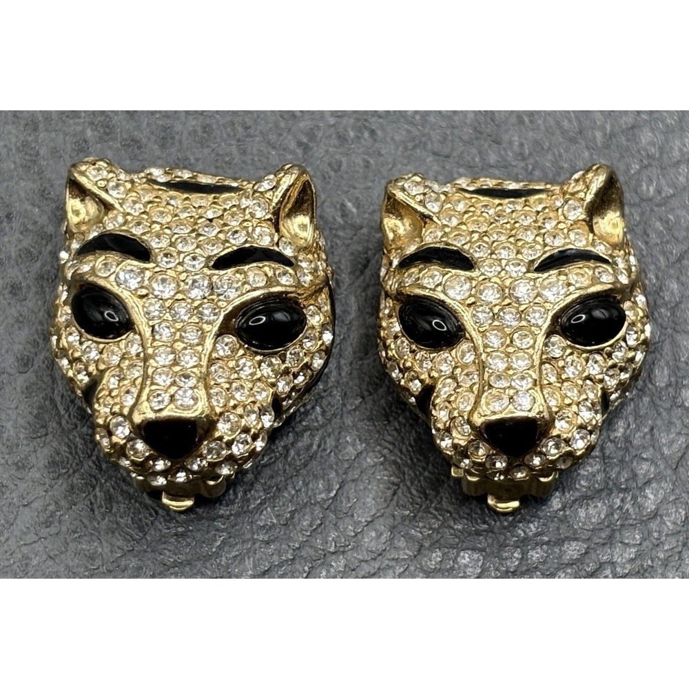 Vintage Ciner Leopard Tiger Cat Rhinestone Clip On Earrings Black Faux Onyx